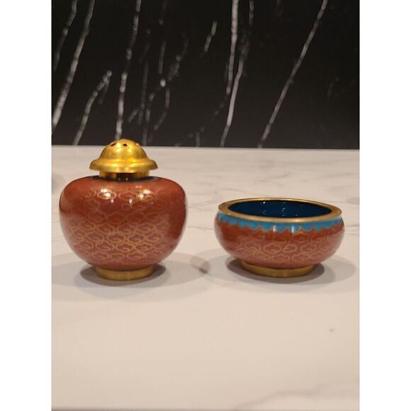 Cloisonné Open Salt Bowl Cellar Pepper Shaker Flower Red Enamel Brass Stacking - Picture 7 of 8